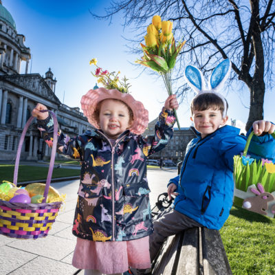 Eggcited for the Belfast Easter Egg Hunt are Grace and Pearse (Pic 1)