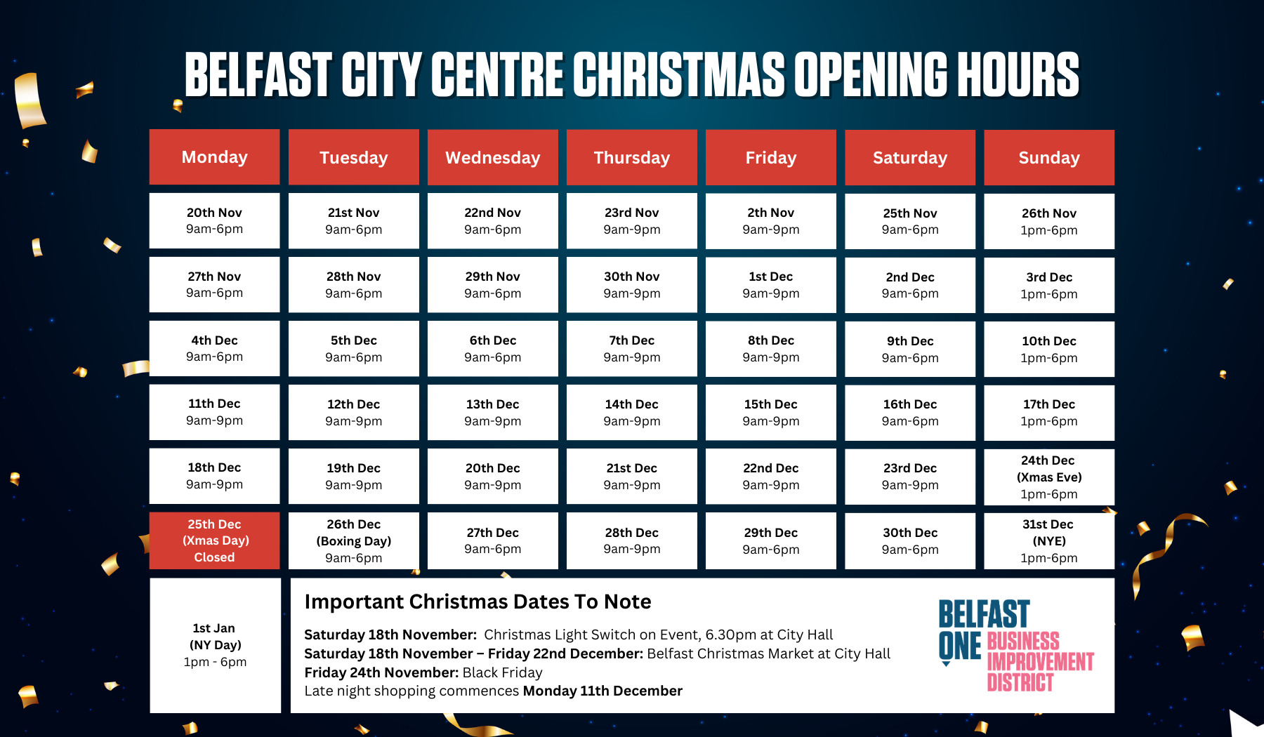 Belfast Christmas Retail Opening Hours Belfast One